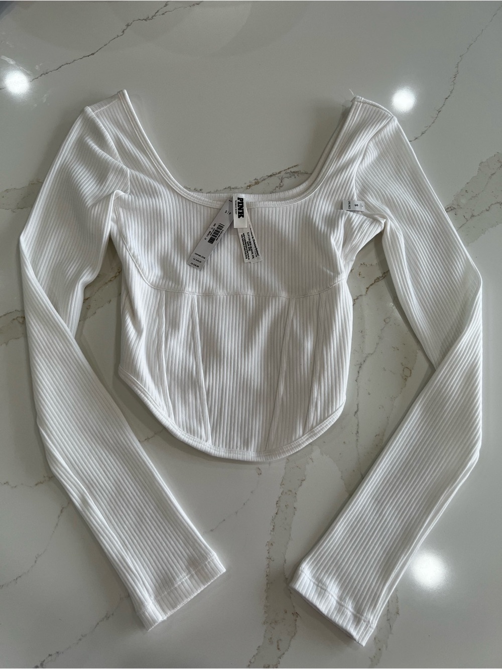 PINK Victoria's Secret White Ribbed Long-Sleeve Crop Top